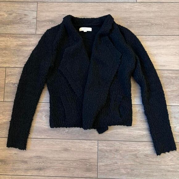 Ann Taylor LOFT Black Drapey Fleece-like Textured Open Wool Cardigan size medium - Picture 3 of 6